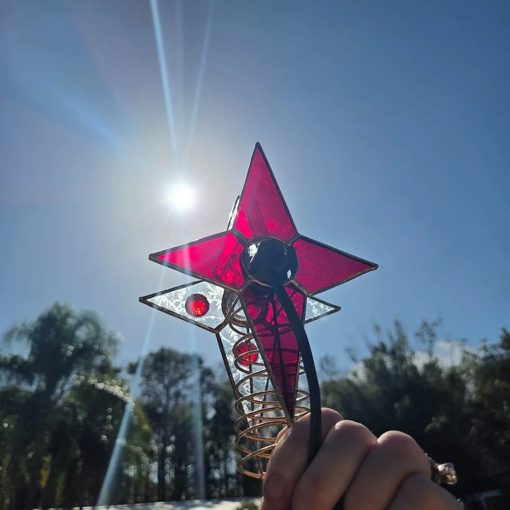 Vintage Tiffany Style‎ Stained Glass Christmas Tree Topper Lighted Red Gold